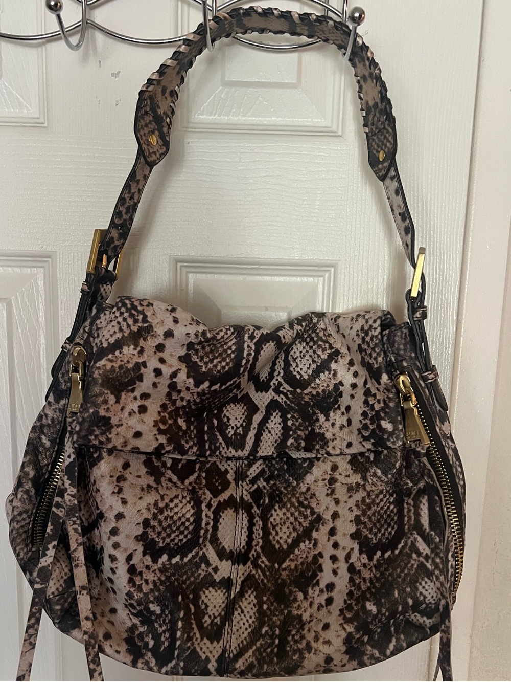 Aimee kestensburg 
Snake-Print Shoulder Bag in Brown and Cream